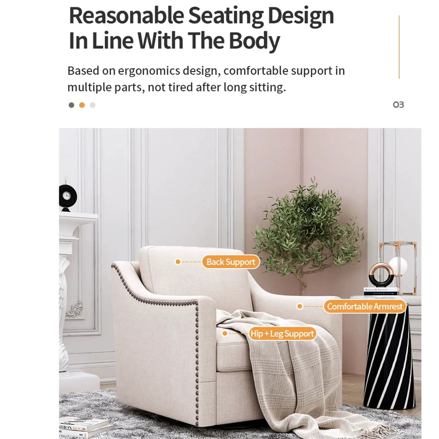 360 Degree Swivel Armchair, Skin Friendly Fabric, Ergonomic Design, Brass Nail Decorative Armchair by Unique Piece Furniture