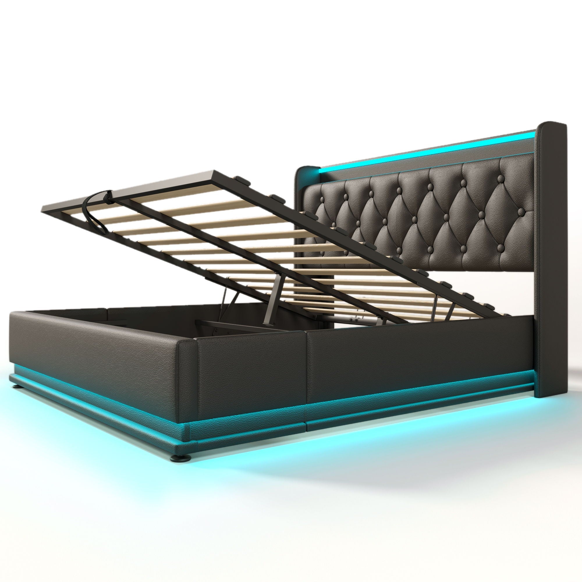 Upholstered Bed, 360 Surround LED Function, Remote Control, Hydraulic Storage Bed With USB, Type-C Charging (Without Mattress) by HouseOfZazla