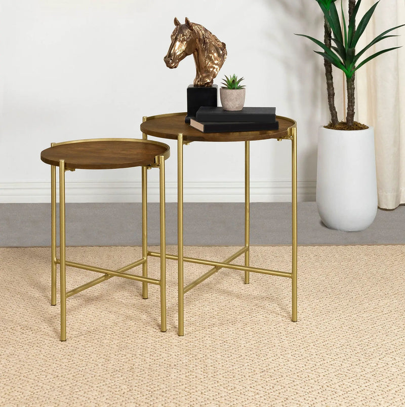 Malka 2-piece Round Wood Nesting Table Dark Brown and Gold by Unique Piece Furniture