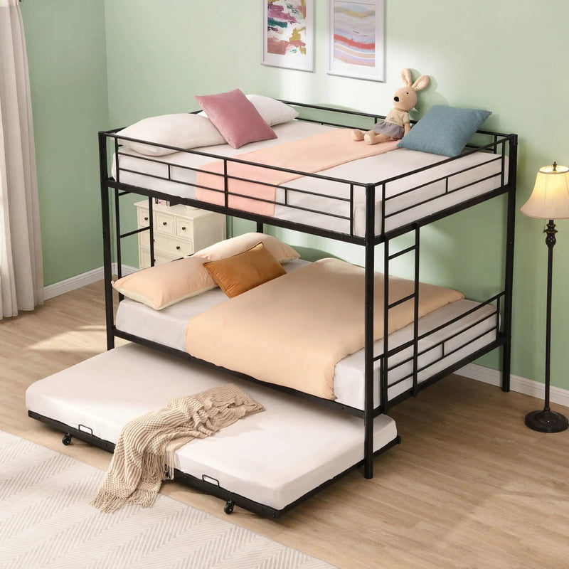 Full Over Full Modern Metal Bunk Bed With Trundle - Black by HouseOfZazla