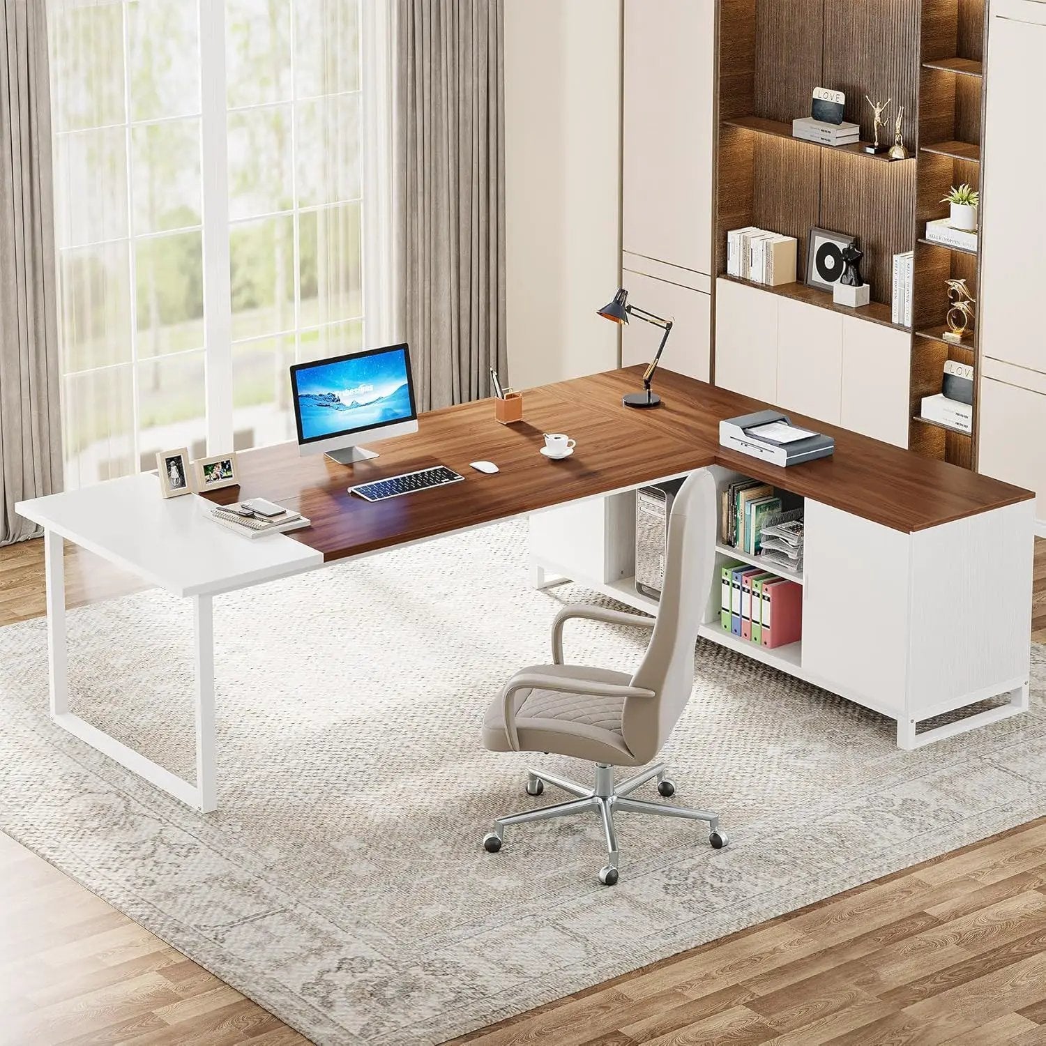 L-Shaped Executive Desk With File Cabinet, Large Workspace For Home Office - White / Walnut by HouseOfZazla