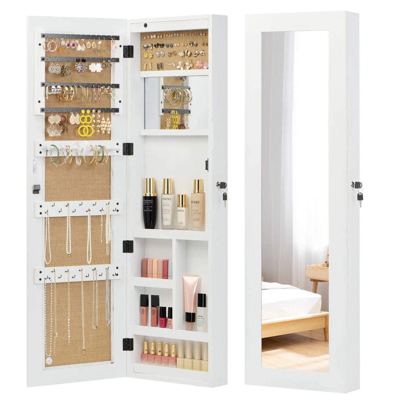 Jewelry Armoire Organizer With Full Length Mirror, Wall Mounted Lockable Cabinet With LED Light by Unique Piece Furniture