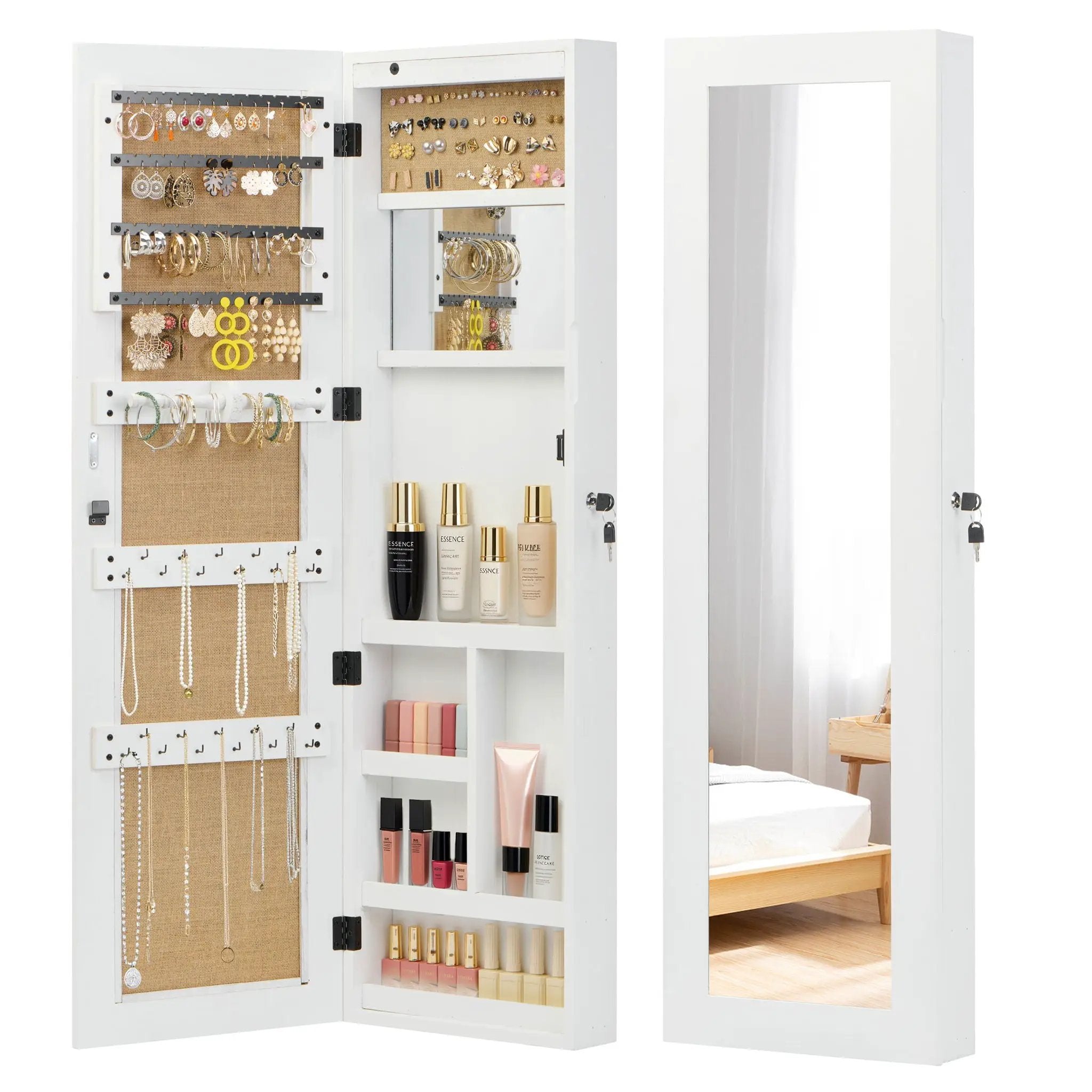 Jewelry Armoire Organizer With Full Length Mirror, Wall Mounted Lockable Cabinet With LED Light by Unique Piece Furniture