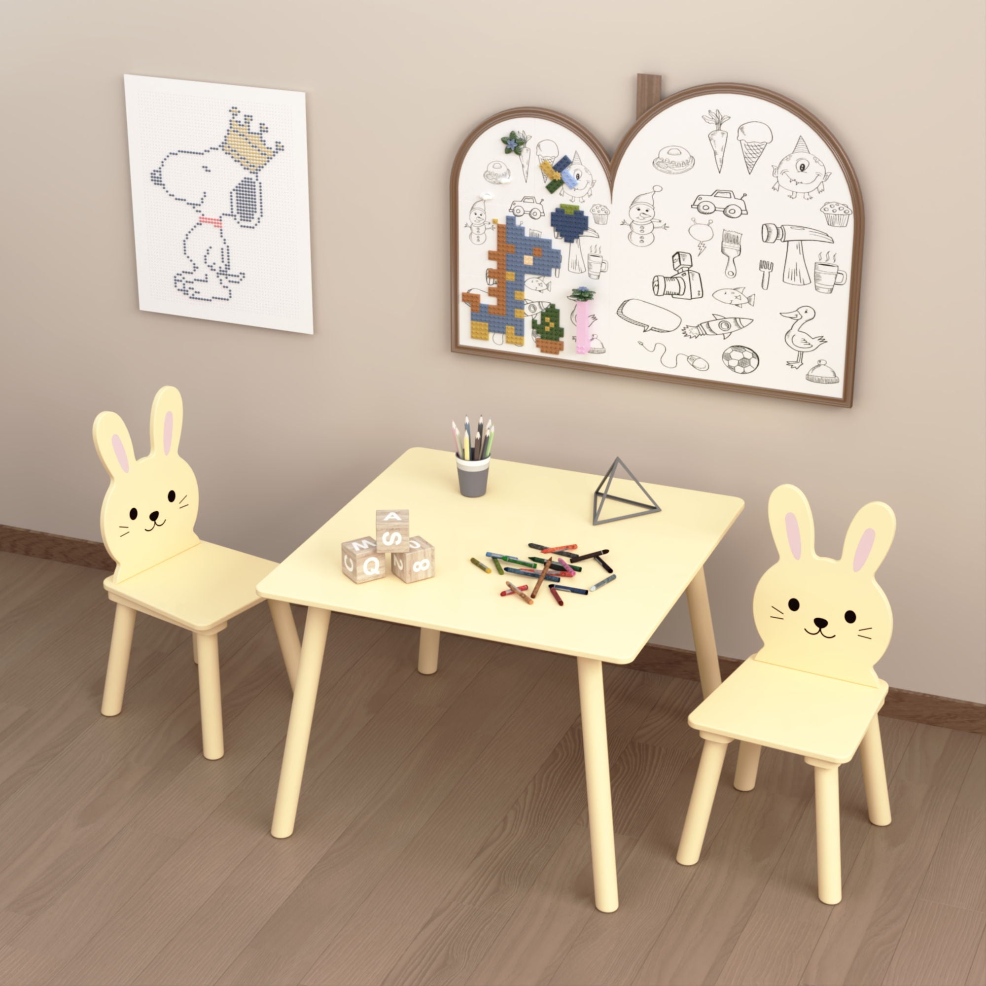 Table And Chair Set With 2 Bunny Chairs, Children's Activity Table For Toddlers, Cute Animal Design - Yellow by Unique Piece Furniture