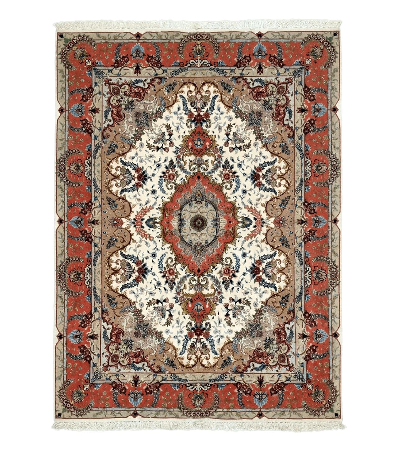Wonderful Persian Tabriz Rug 5x7, Very Fine 440 KPSI, Ivory and Coral, Rare by Jewel Rugs