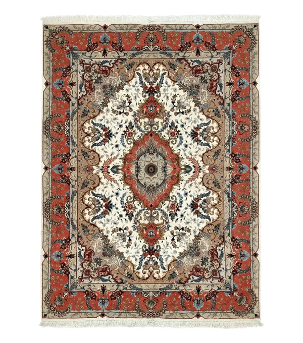 Wonderful Persian Tabriz Rug 5x7, Very Fine 440 KPSI, Ivory and Coral, Rare