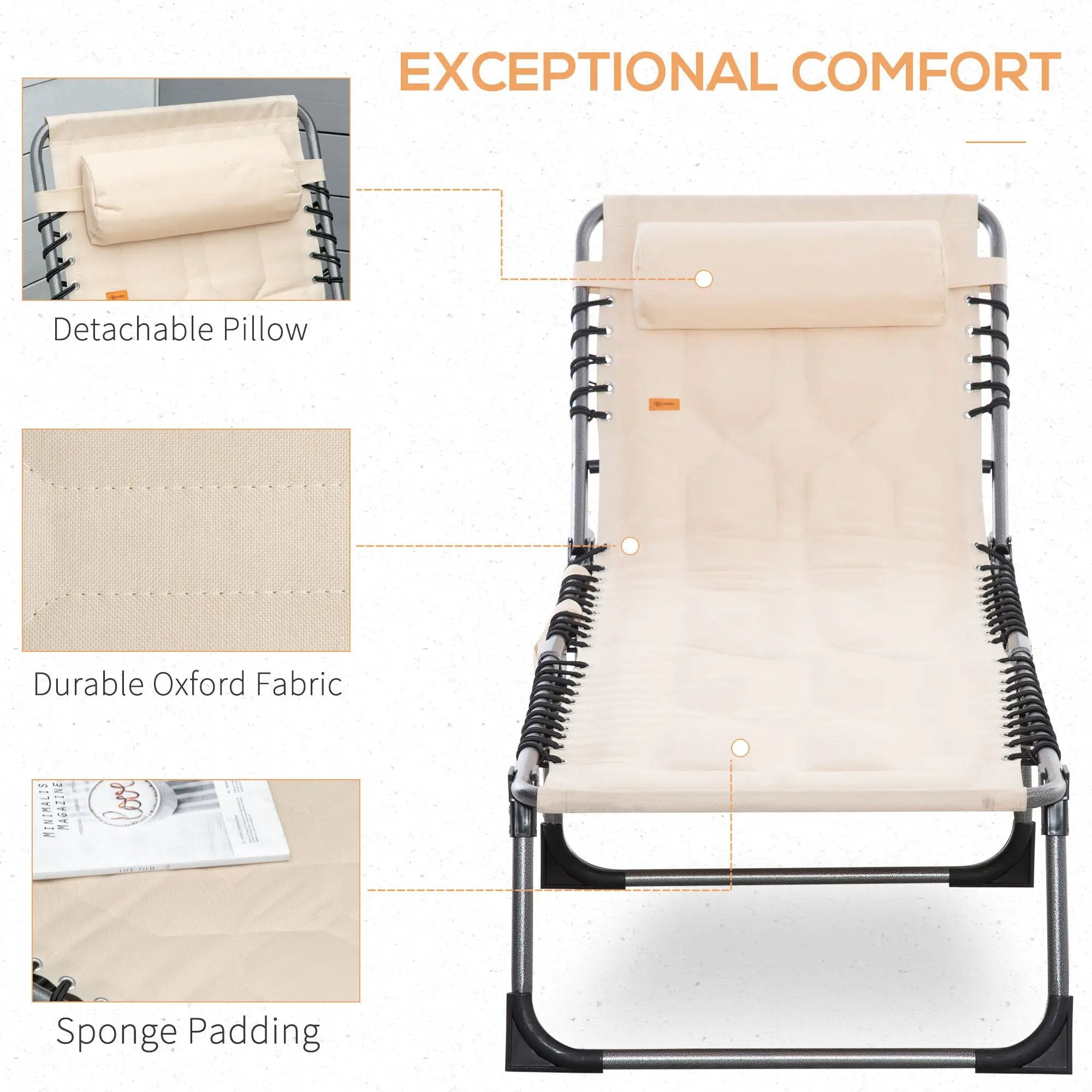 Outsunny - Padded Folding Chaise Lounge Chair, Outdoor 6-Level Reclining Camping Tanning Chair With Headrest For Beach, Yard, Patio, Pool - Beige by HouseOfZazla