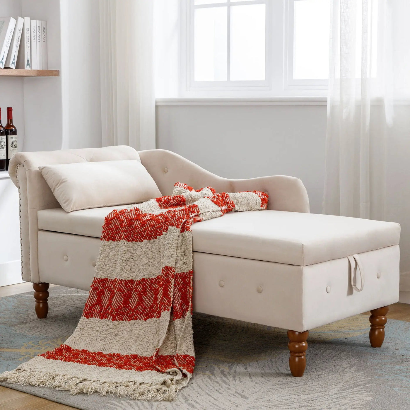 Chaise Lounge Indoor, Lounge Chair For Bedroom With Storage & Pillow, Modern Upholstered Rolled Arm Chase Lounge For Sleeping With Nailhead Trim For Living Room Bedroom Office by Unique Piece Furniture