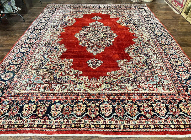 Persian Sarouk Rug 11x14, Semi Open Field, Large Antique Persian Wool Handmade Carpet, Red and Dark Blue, Floral by Jewel Rugs