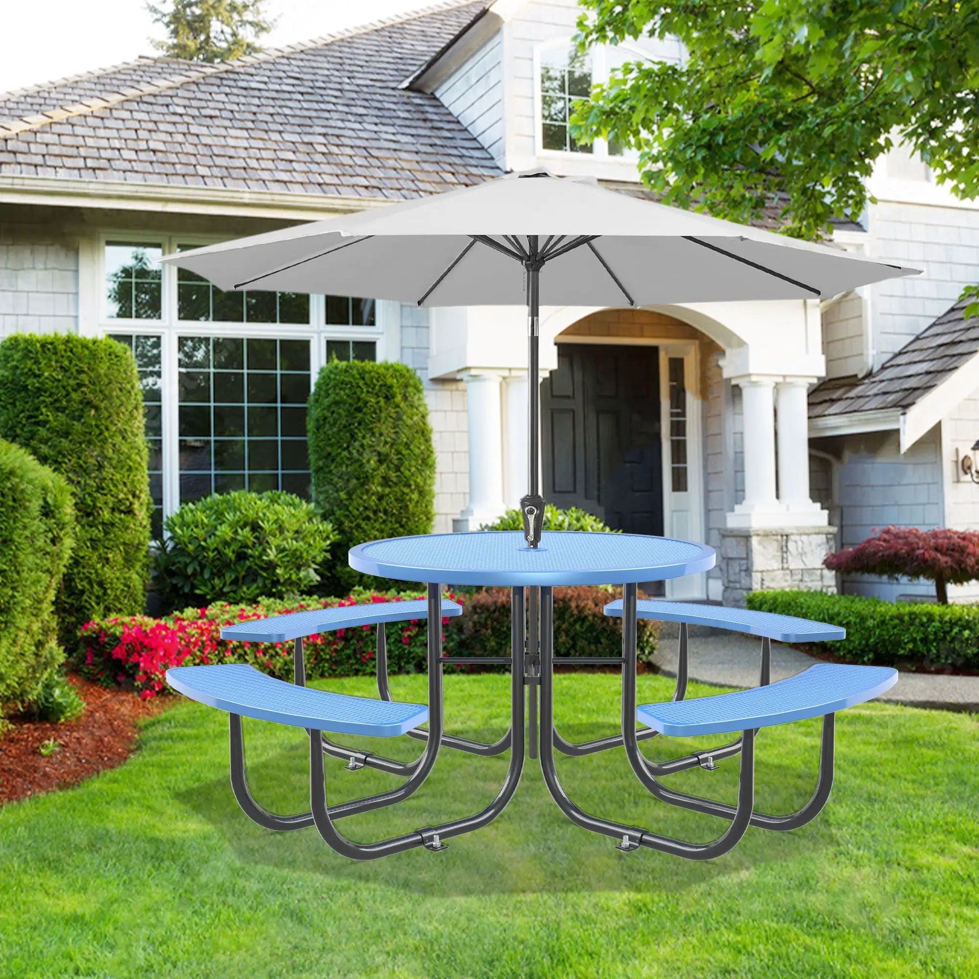Round Outdoor Steel Picnic Table 46" With Umbrella Pole by Unique Piece Furniture