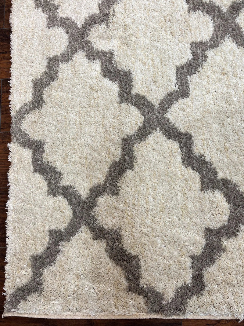 Modern Shag Rug, Ivory and Gray, Diamond Panel Design, Room Sized Area Rug by Jewel Rugs
