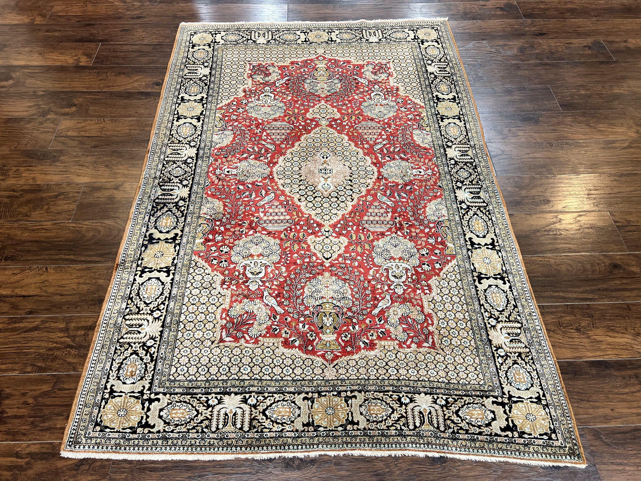 Wonderful Persian Silk Rug 5x7, Birds Floral Vases, Red, Hand Knotted Silk Fine Oriental Carpet, Handmade Vintage, Persian Qum Rug, 400 KPSI by Jewel Rugs
