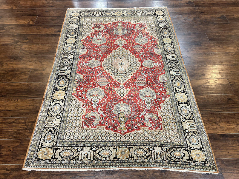 Wonderful Persian Silk Rug 5x7, Birds Floral Vases, Red, Hand Knotted Silk Fine Oriental Carpet, Handmade Vintage, Persian Qum Rug, 400 KPSI by Jewel Rugs