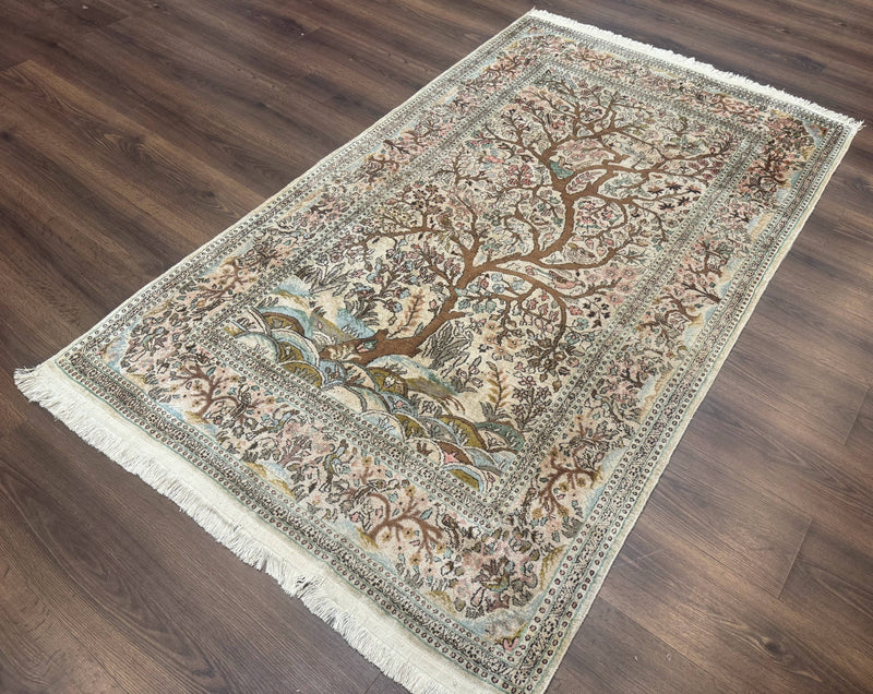 Indian Kashmiri Silk Rug 4x7, Tree of Life Design, Very Fine 380 KPSI, Birds by Jewel Rugs