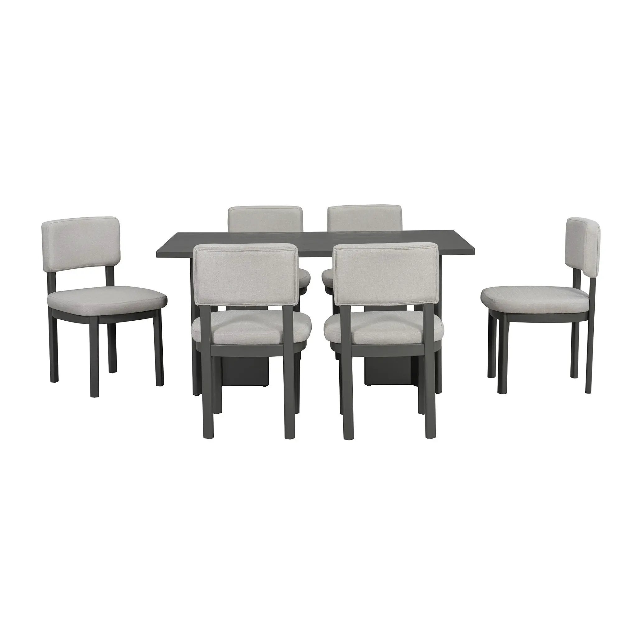 Dining Table Set With 6 Upholstered Chairs, Rectangular Table With Cutout Legs