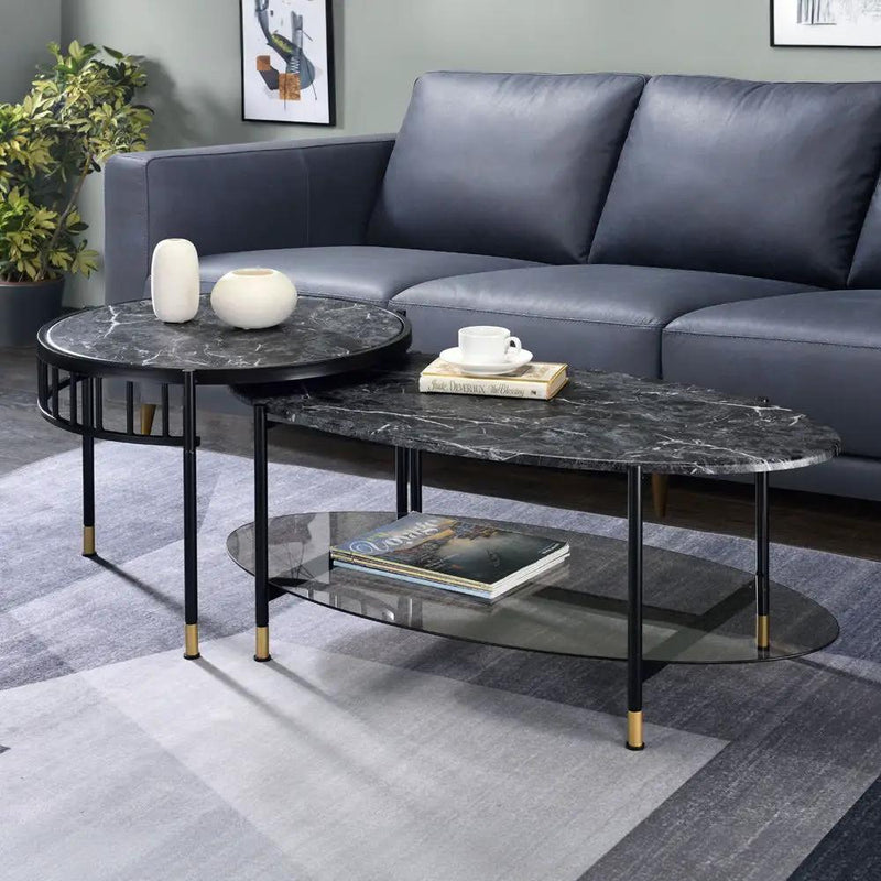 Silas - Nesting Coffee Table Set - Faux Marble Top & Black by Unique Piece Furniture