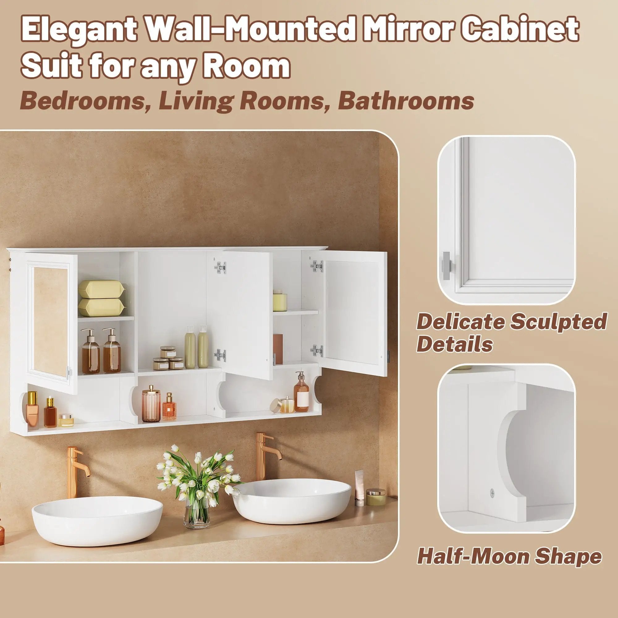 Wall-Mounted Mirror Medicine Cabinet With Adjustable Shelf And Open Shelves, Bathroom Storage Cabinet Over Toilet - White by Unique Piece Furniture
