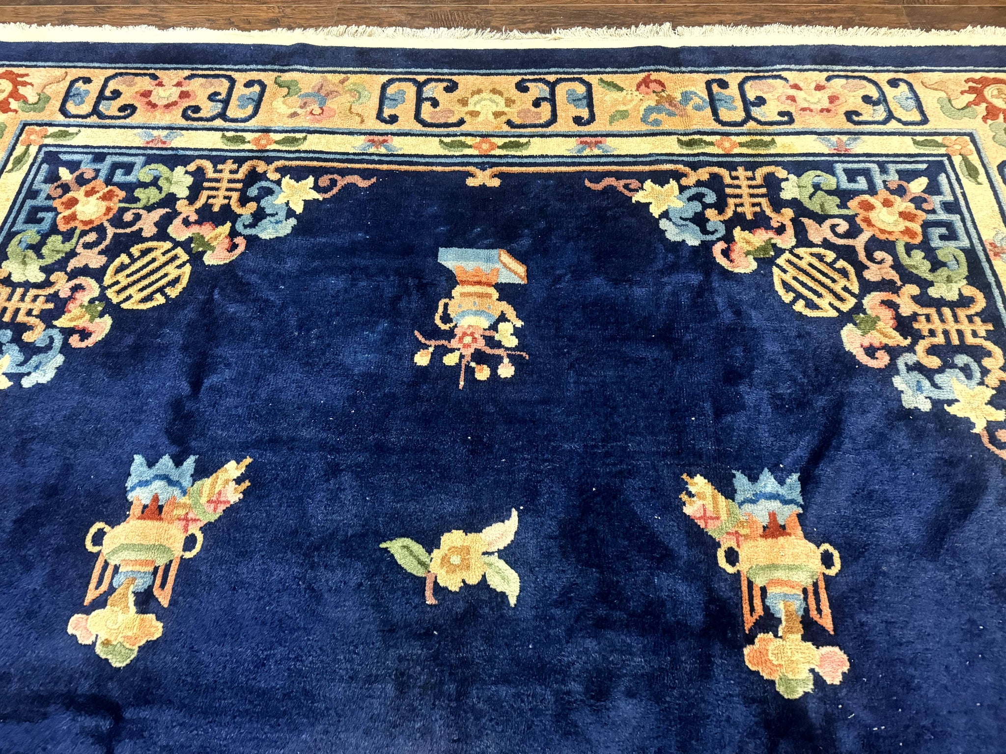 Chinese Wool Rug 8x11, Navy Blue and Beige, Simple Design, Fete Carpet by Jewel Rugs