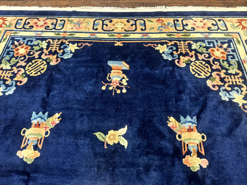 Chinese Wool Rug 8x11, Navy Blue and Beige, Simple Design, Fete Carpet by Jewel Rugs