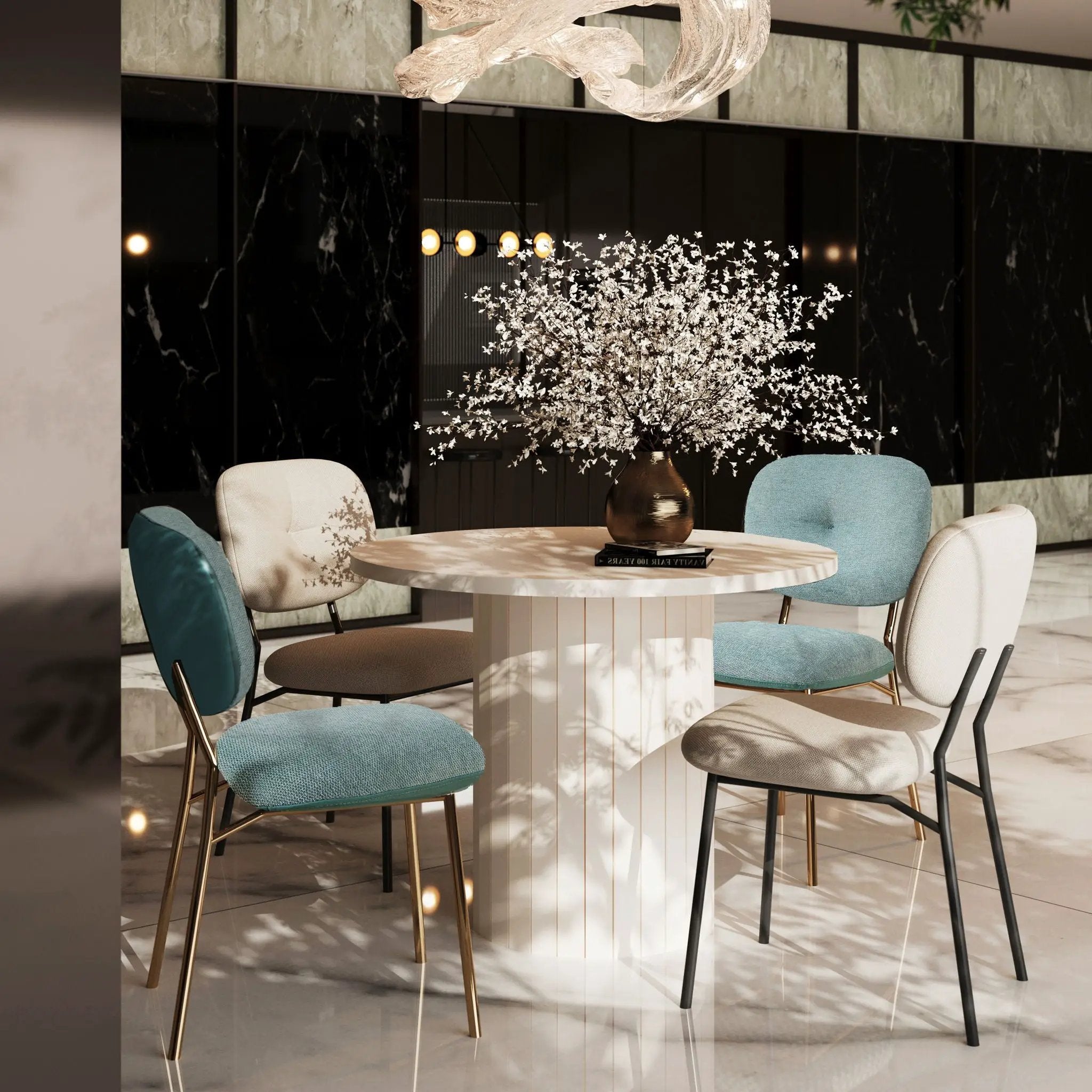 Modern 4 Person Dining Set With Bamboo & Table And Turquoise & Chairs Metal Legs, Space Saving Design - White by HouseOfZazla