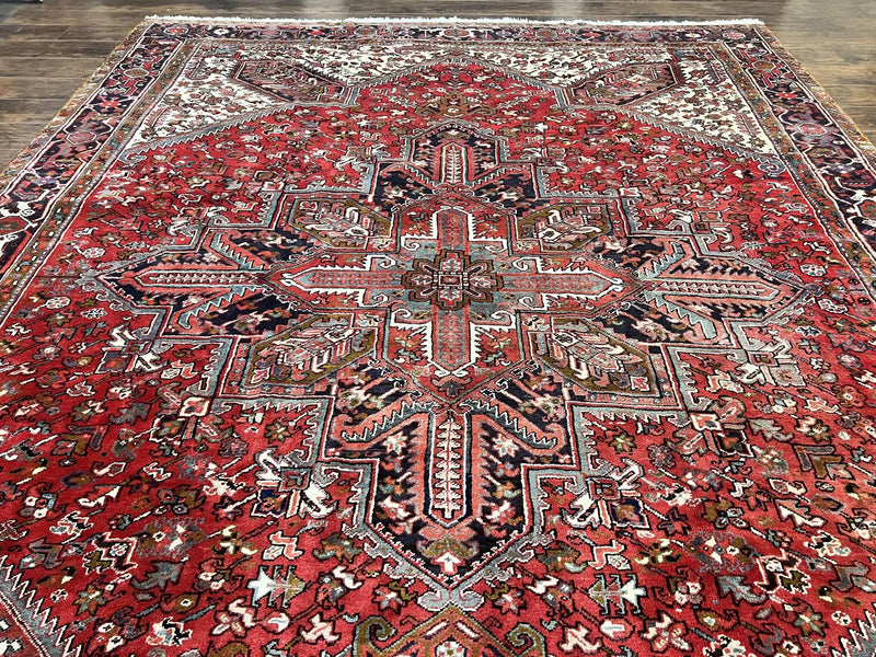 Large Persian Heriz Rug 10x13, Wool Hand Knotted Antique Carpet, Red and Ivory, Geometric Tribal Room Sized Rug, Decorative Oriental Rug by Jewel Rugs