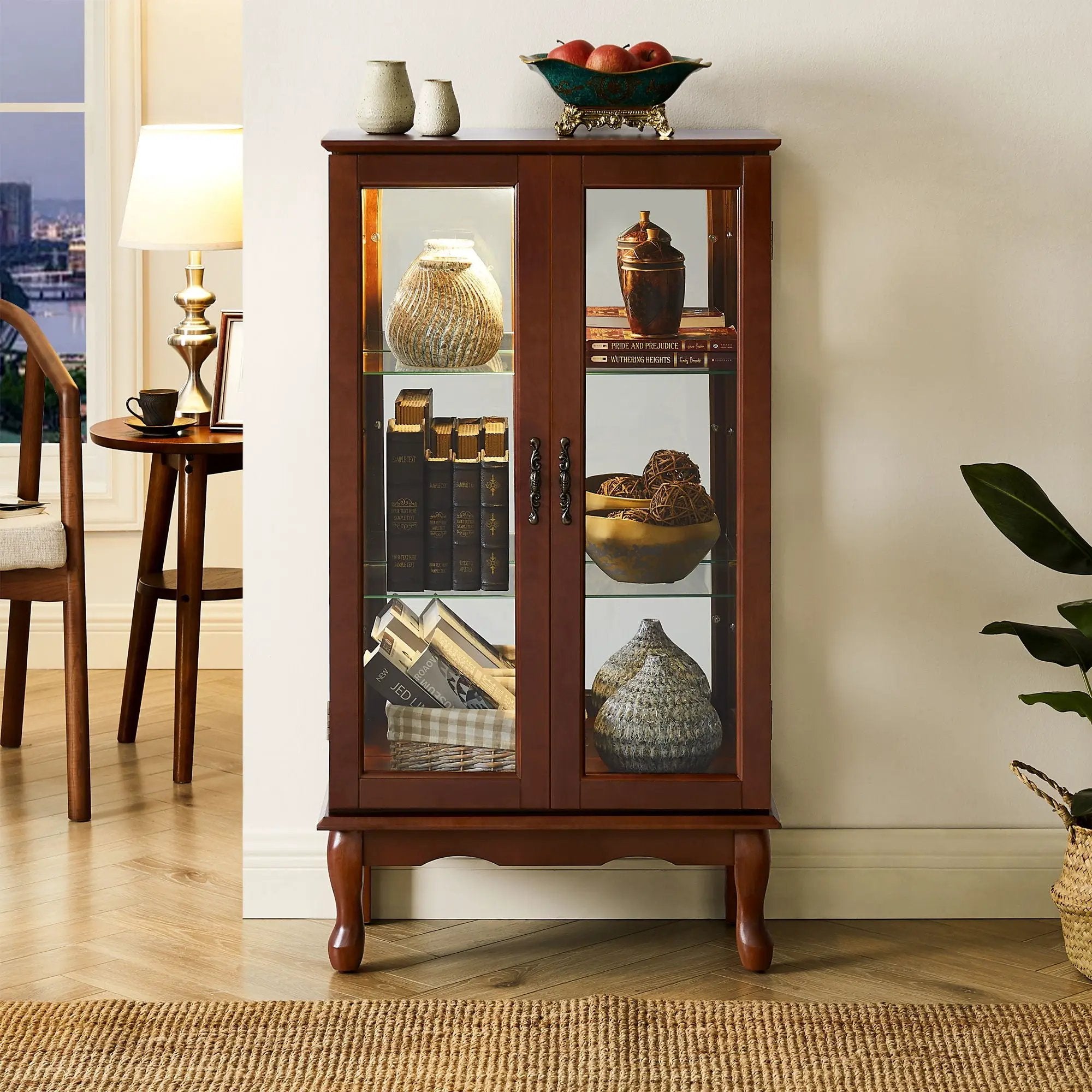 Curio Cabinet Lighted Curio Diapaly Cabinet With Adjustable Shelves And Mirrored Back Panel, Tempered Glass Doors (3 Tier), (E26 Light Bulb Not Included) by Unique Piece Furniture