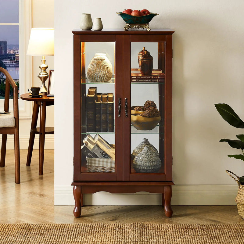Curio Cabinet Lighted Curio Diapaly Cabinet With Adjustable Shelves And Mirrored Back Panel, Tempered Glass Doors (3 Tier), (E26 Light Bulb Not Included) by HouseOfZazla