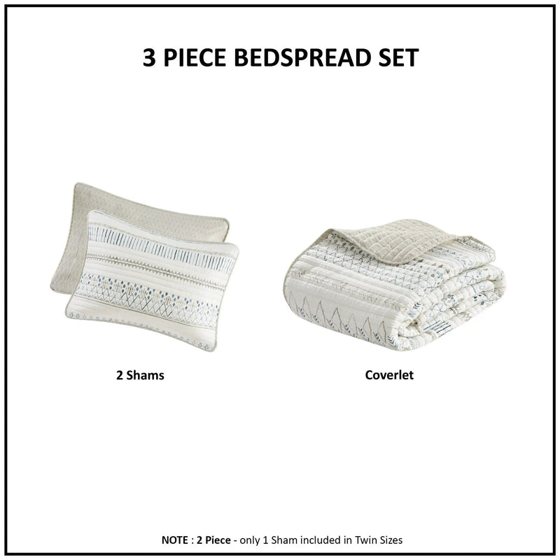 3 Piece Printed Microfiber Seersucker Quilt Set Taupe/Blue Full/Queen by HouseOfZazla