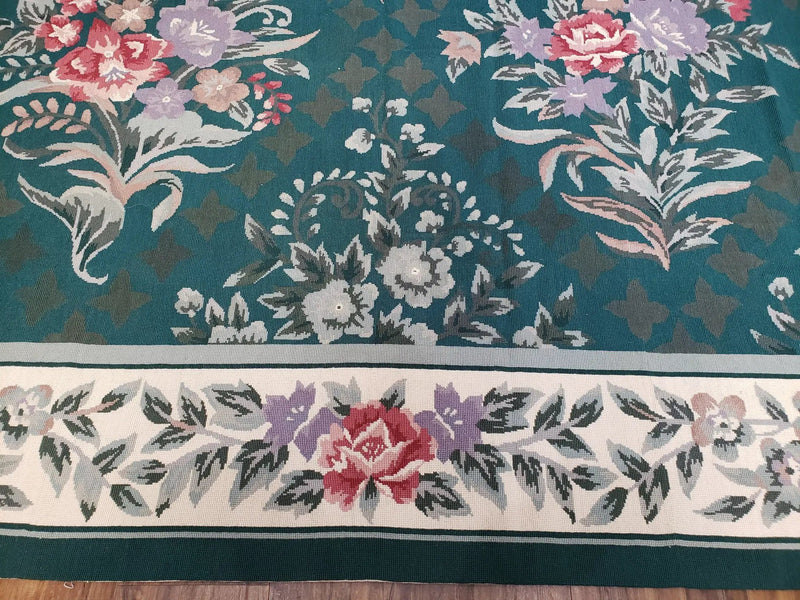 Chinese Needlepoint Rug 8x10, Vintage Green Area Rug, Hand-Woven Flatweave Floral European Design Carpet Wool Handmade 8x 10 Living Room Rug by Jewel Rugs