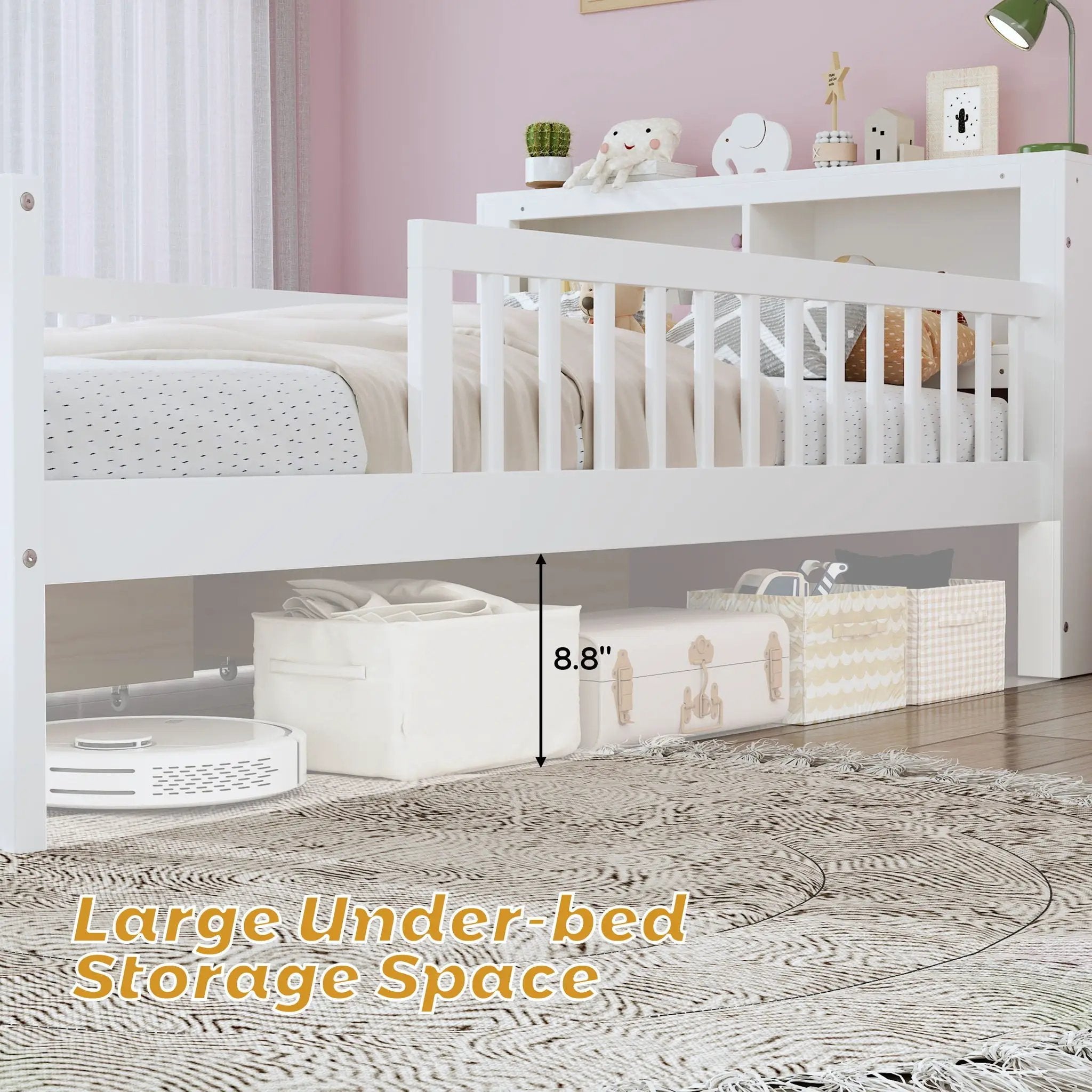 Bed With Headboard Storage Rack, 2 Under Bed Drawers, 3 Side Guardrails For Safety by Unique Piece Furniture