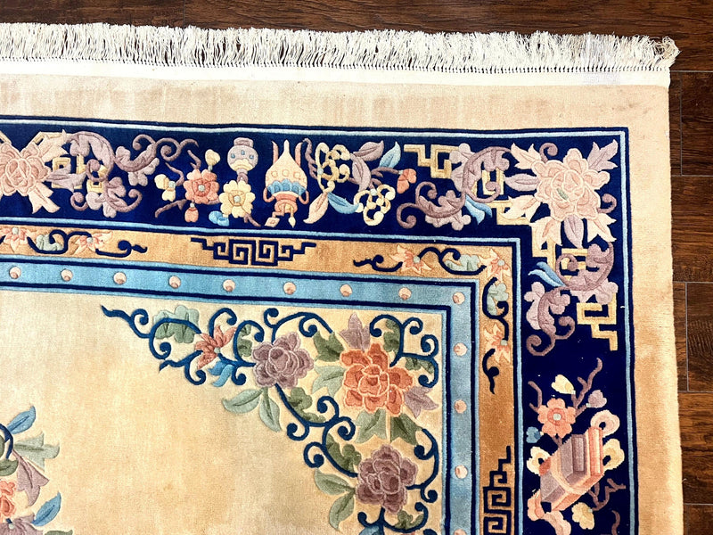 Chinese Wool Rug 8x11, Peking Asian Oriental Carpet, Cream/Ivory and Blue, Vintage Handmade Rug, Art Deco Rug by Jewel Rugs