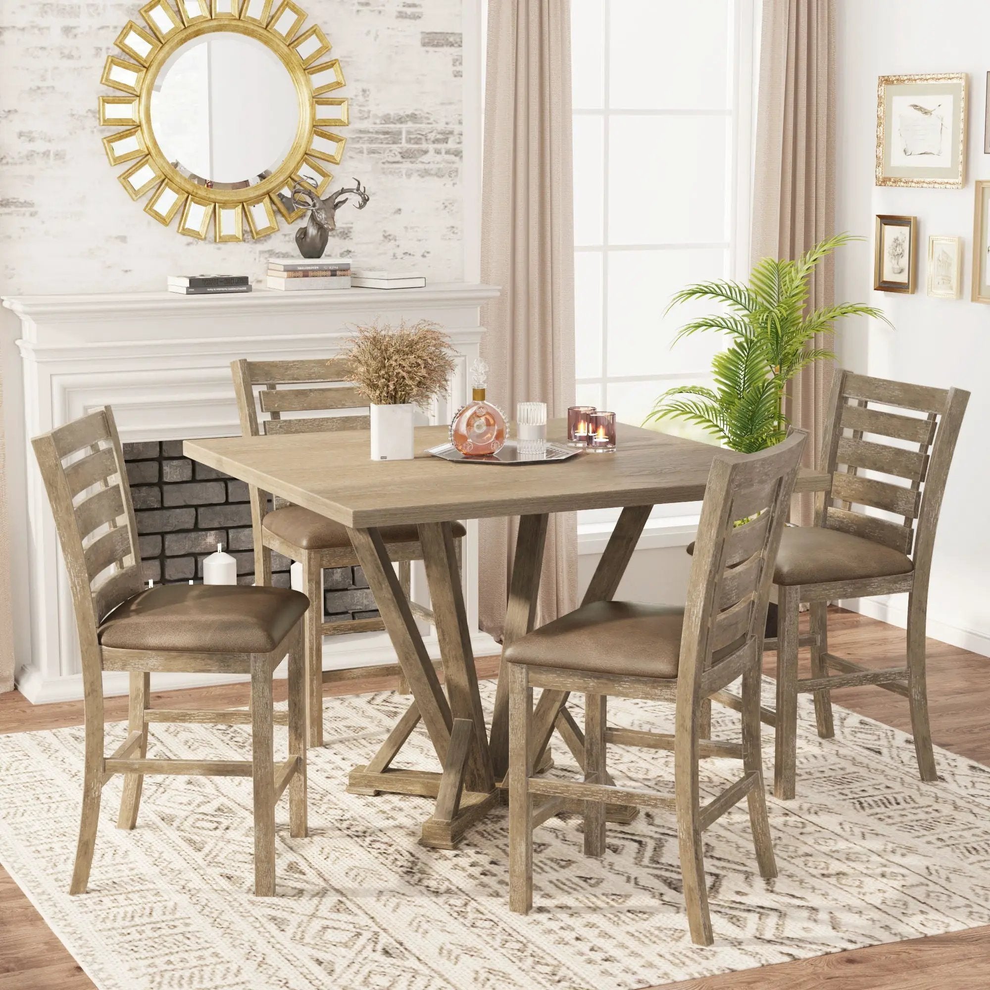 5 Pieces Set Counter Table Set Square Counter Table Solid Wood Modern Farmhouse Rustic Look Distressed Look - Grayish Brown by HouseOfZazla