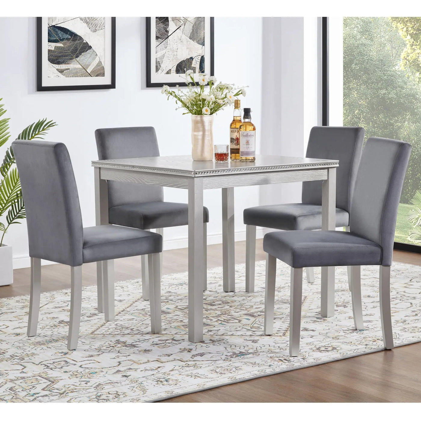 5 Pieces Wooden Dining Table Set, Square Table And 4 Upholstered Chairs by Unique Piece Furniture