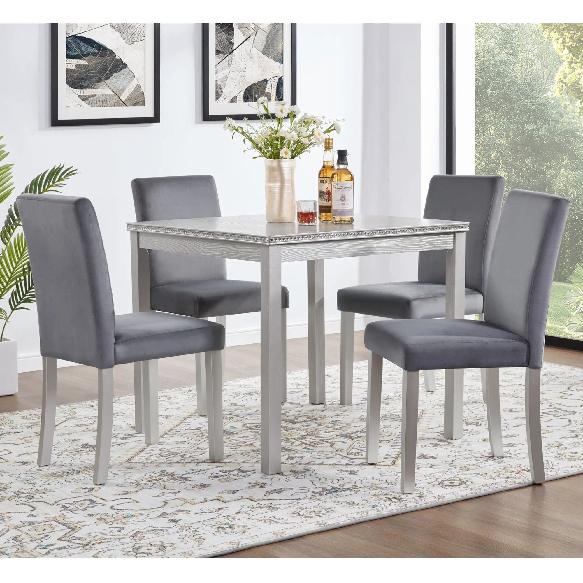5 Pieces Wooden Dining Table Set, Square Table And 4 Upholstered Chairs by HouseOfZazla