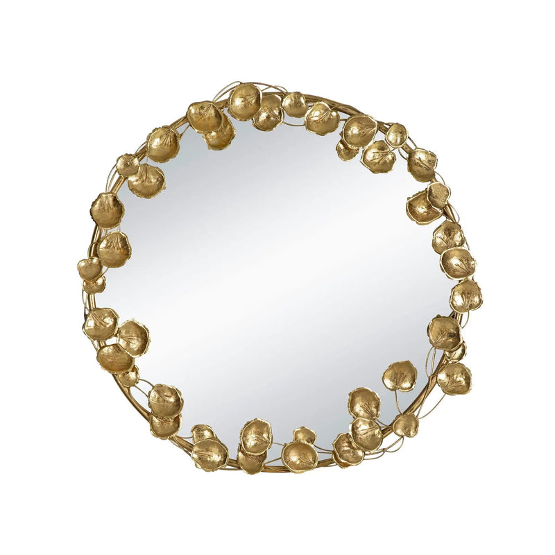 Round Metal Wall Mirror With en Leaf Accents, Modern Decor Mirror For Living Room Entryway Hallway - Gold by Unique Piece Furniture