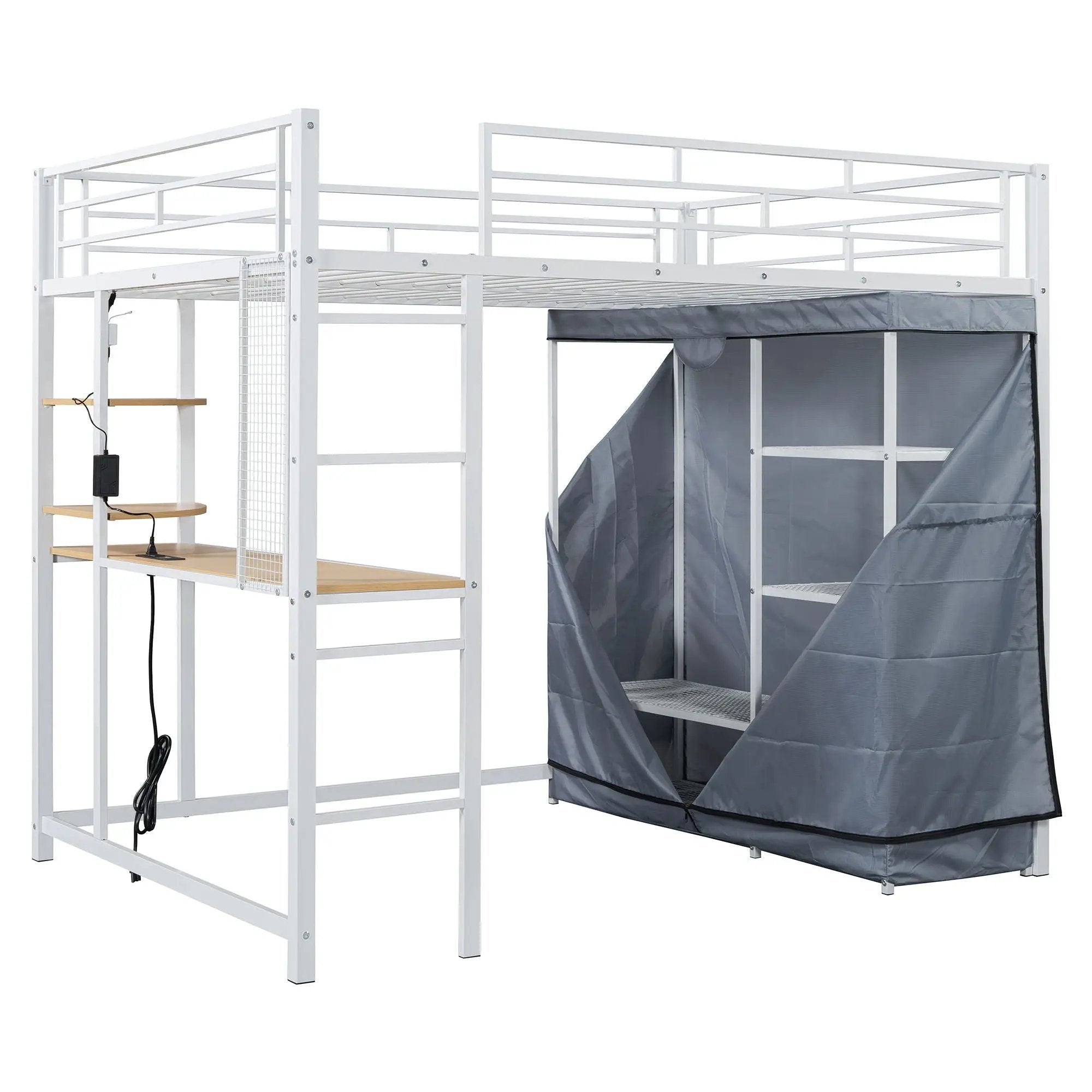 Loft Bed With Desk, Shelves, Power Outlet, LED Light And Wardrobe by Unique Piece Furniture