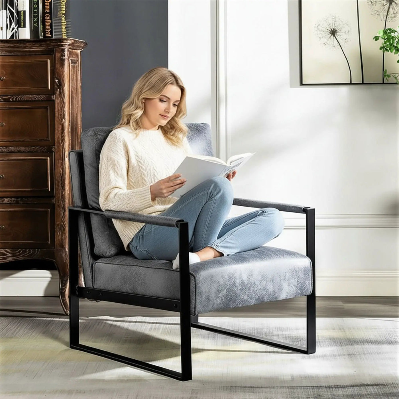 Classic Mid Century Modern Accent Chair With Durable Square Metal Frame, Armchair by HouseOfZazla