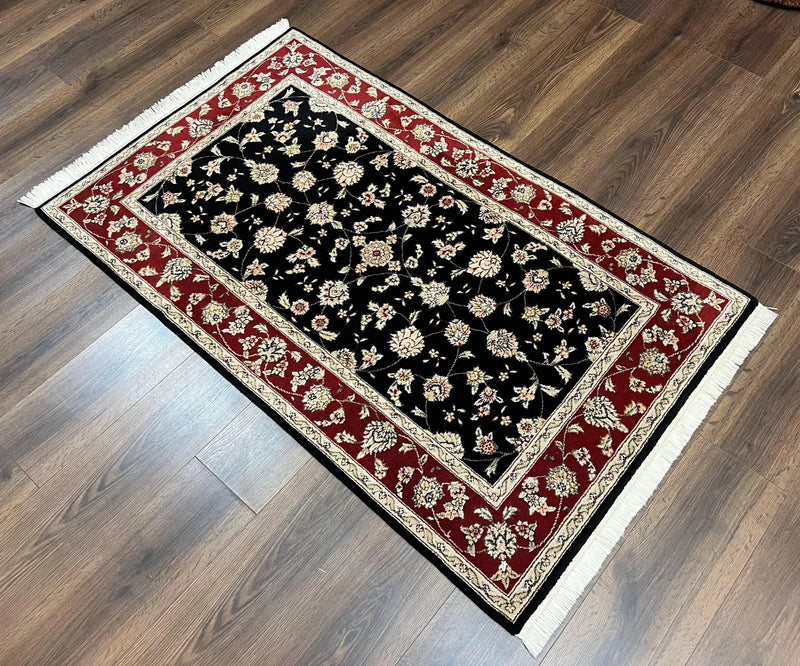 Pak Persian Rug 3x5, Black and Red, Floral Allover, Vintage Hand Knotted Wool Oriental Carpet, Pakistani Rug, Small Handmade Area Rug 3 x 5 by Jewel Rugs