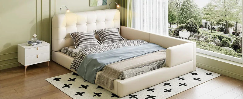 Queen Size Upholstered Platform Bed With 2 Reading Lights - White by HouseOfZazla