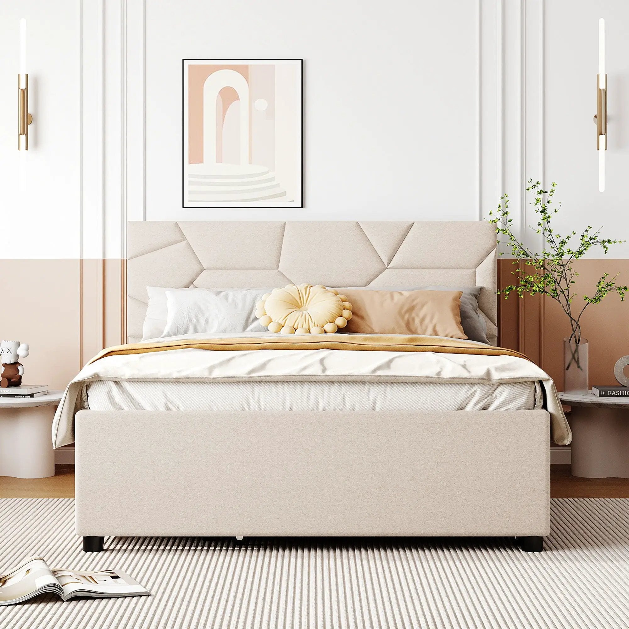 Upholstered Platform Bed With Brick Pattern Headboard And Twin Long Size Trundle by HouseOfZazla