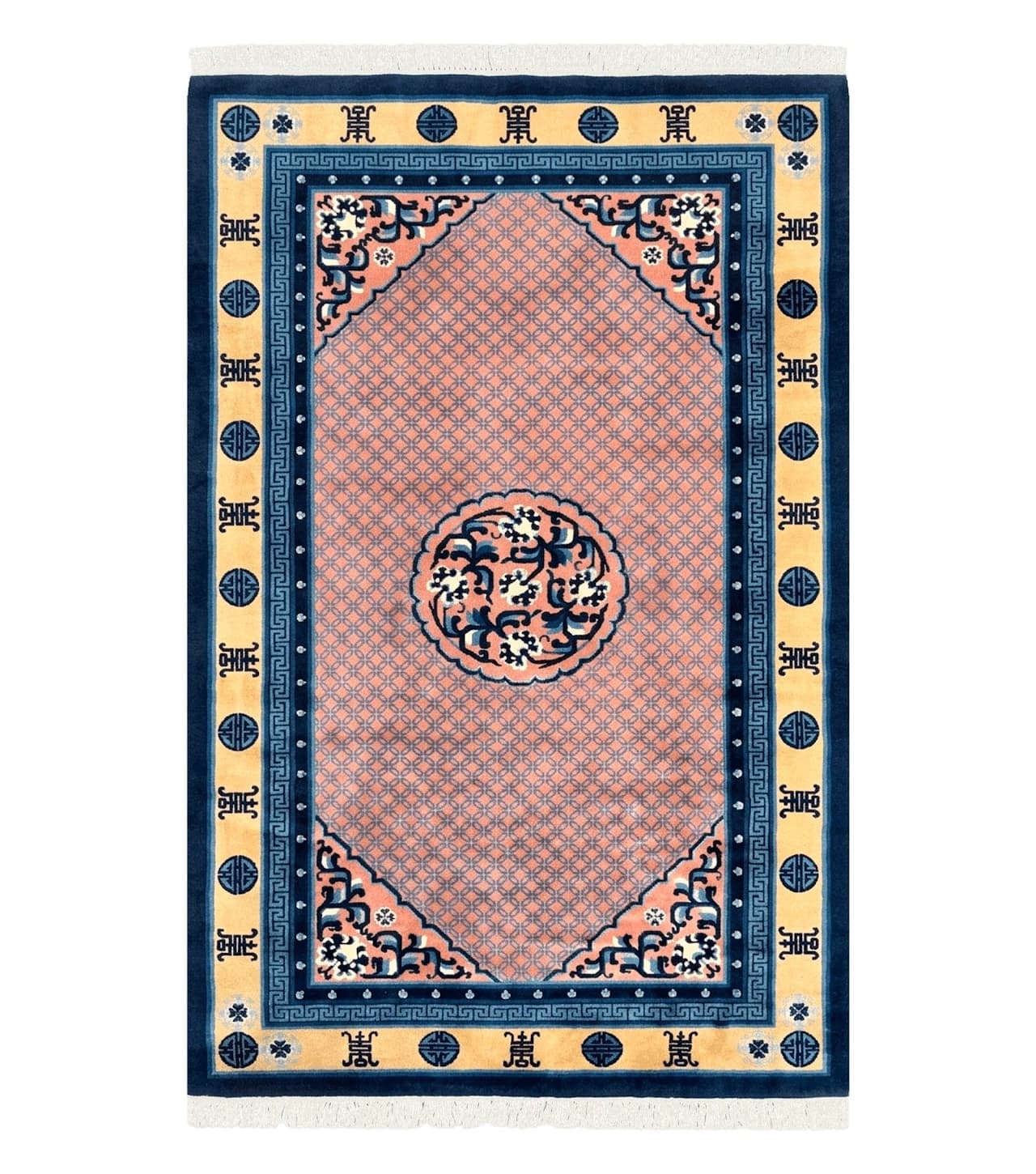 Chinese Peking Rug 5x8, Vintage Semi Antique Chinese Art Deco Carpet, Wool Pile Light Red/Salmon Gold Navy Blue, Handmade Asian Oriental Rug by Jewel Rugs