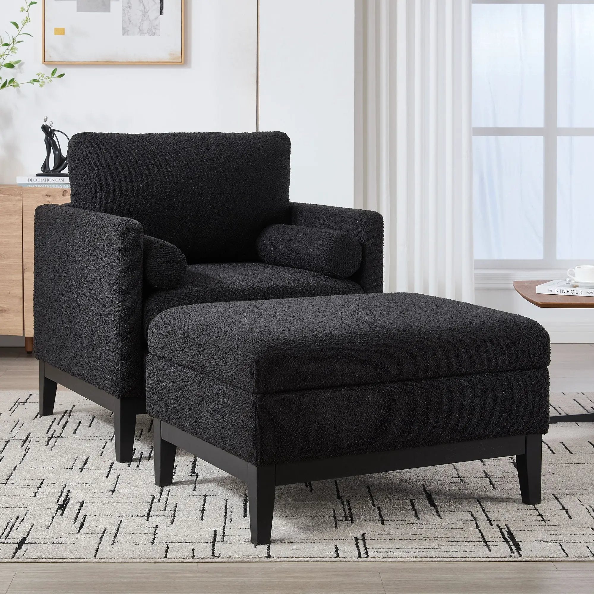 Farmhouse Upholstered Accent Chair With Ottoman, Reversible Lid Coffee Table by Unique Piece Furniture