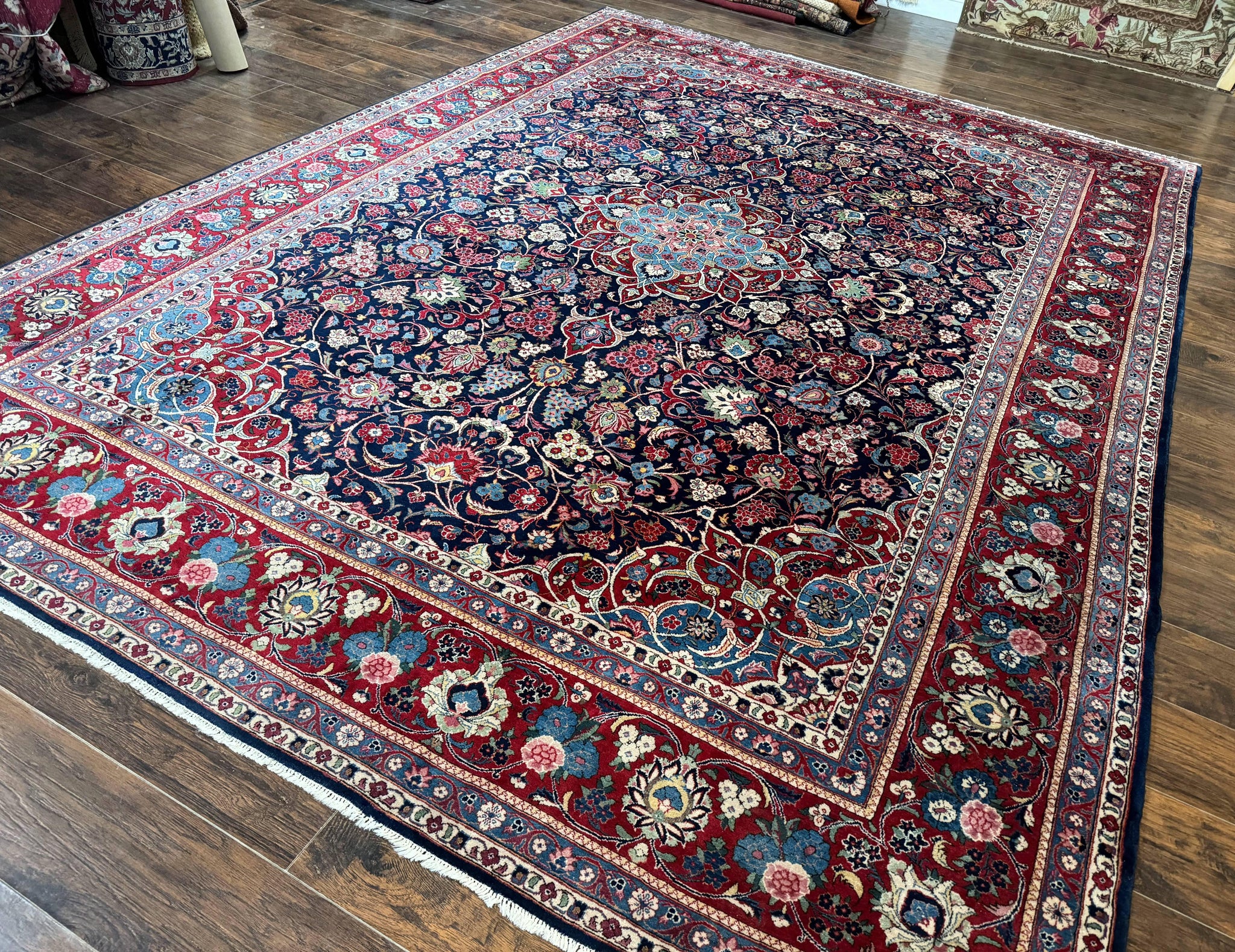Navy Blue Persian Rug 9x12, Antique Persian Carpet, Kork Wool, 200 KPSI, Persian Kashan Rug by Jewel Rugs
