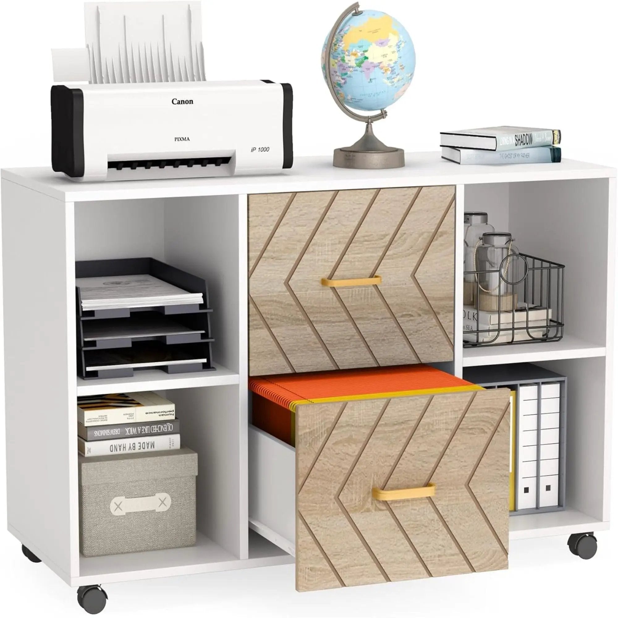 Large Mobile Lateral File Cabinet With 2 Drawers, Printer Stand & Storage Shelves, For Letter Size Files - White / Oak by HouseOfZazla