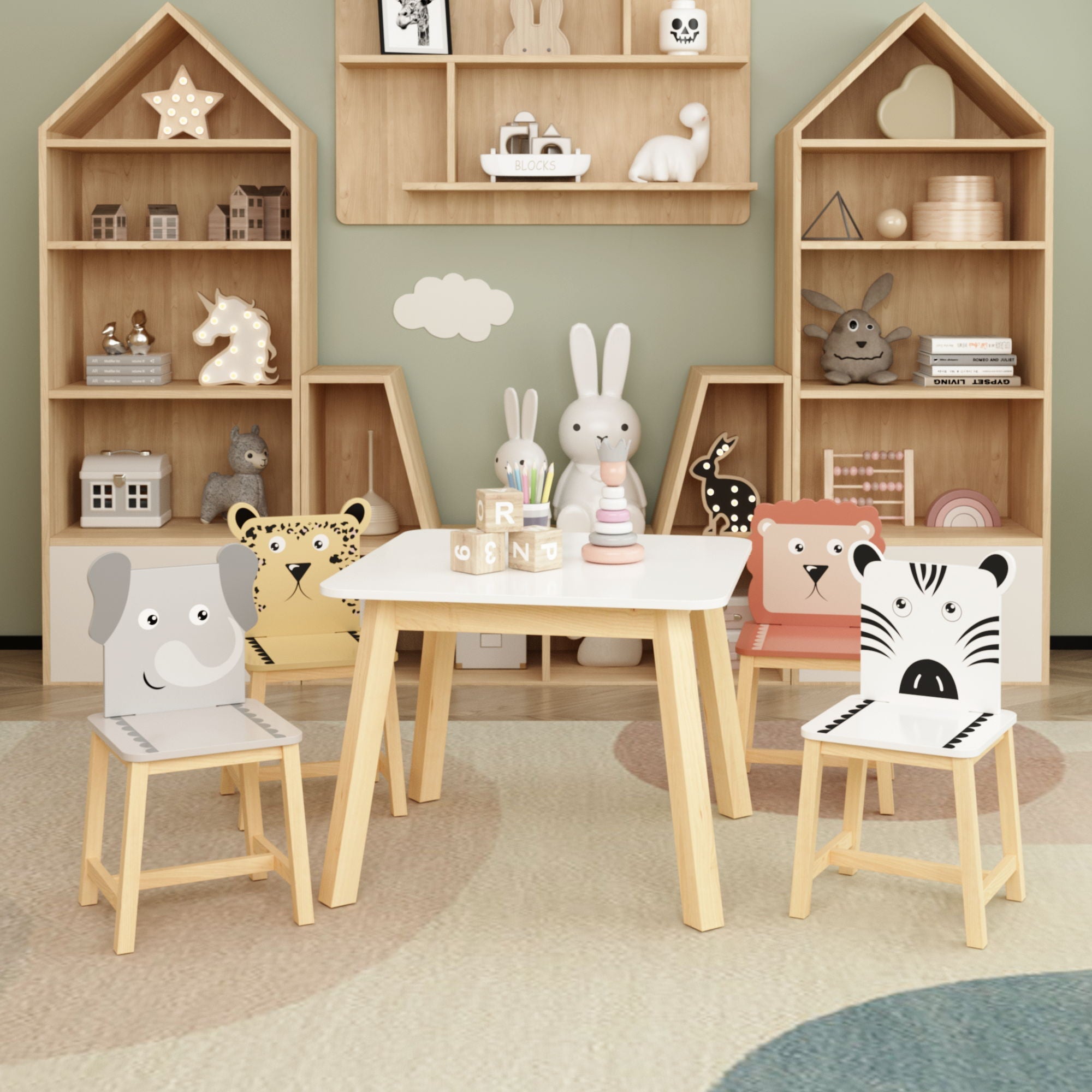 Kids Table And Chair Set With Cartoon Animals Design - White by HouseOfZazla