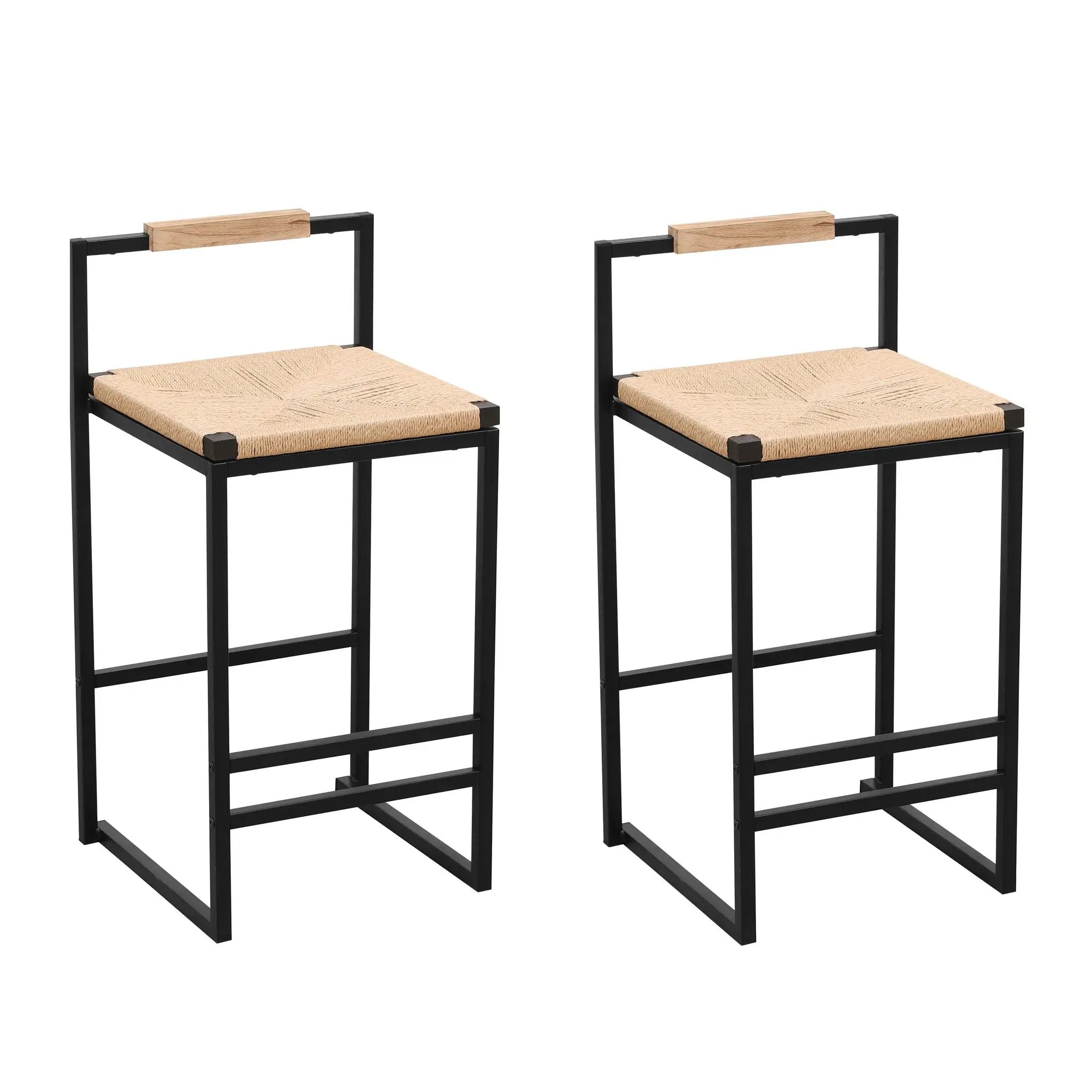 Stylish (Set of 2) Bar Stools With Backrest And Paper Rope Woven Seat, Counter Height Dining Chairs For Kitchen - Natural by HouseOfZazla