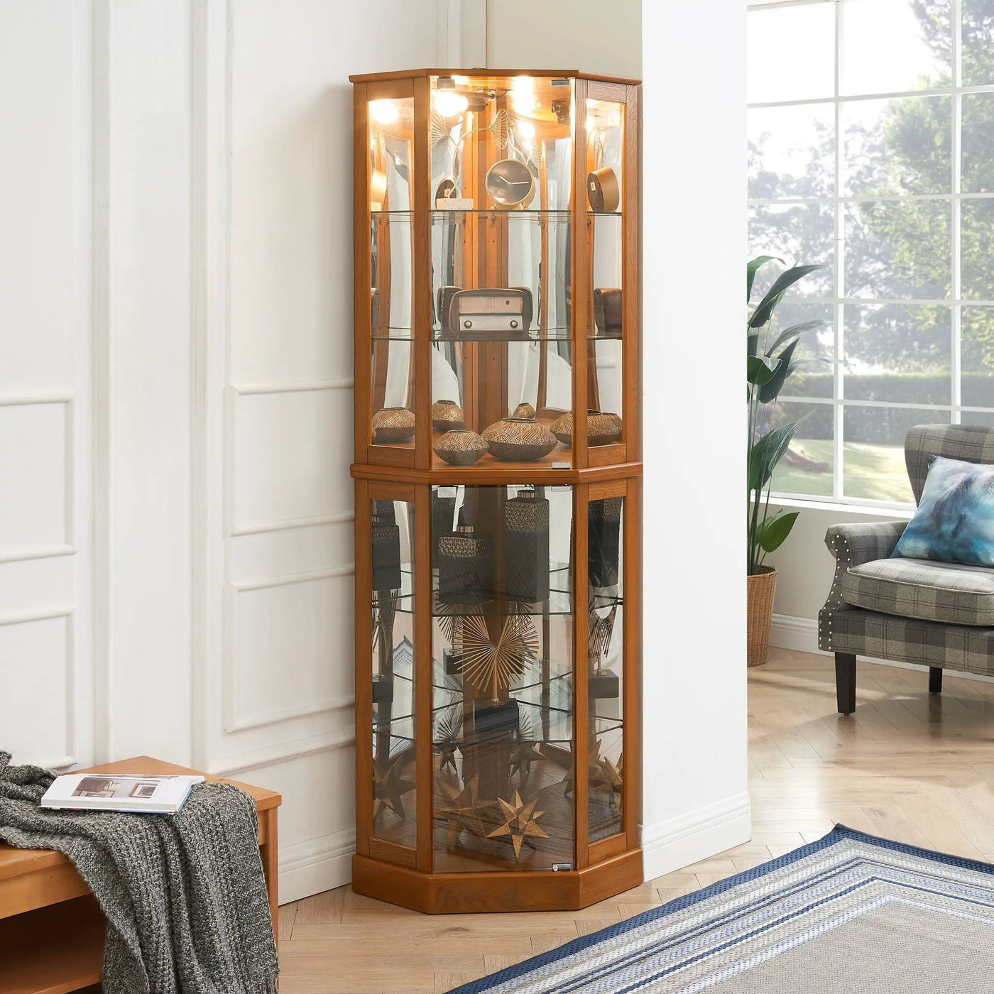 6 Shelf Corner Curio Display Cabinet With Lights, Mirrors And Adjustable Shelves (E26 Light Bulb Not Included) by Unique Piece Furniture