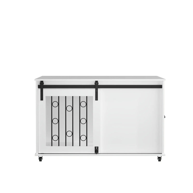 Dog Crate With Sliding Barn Door and Side Access, Lockable Wheels for Small to Medium Dogs - White by HouseOfZazla