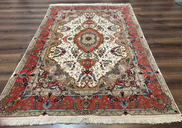 Wonderful Persian Tabriz Rug 5x7, Very Fine 440 KPSI, Ivory and Coral, Rare, photo 2 of 13