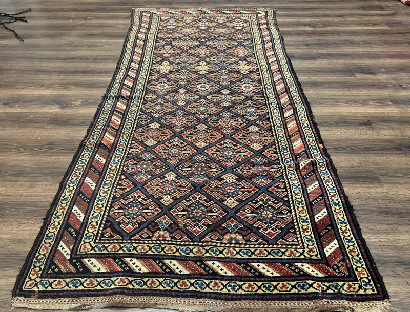 Antique Persian Wide Runner Rug 4x9, Kurdish Rug, Panel Design, Rainbow Border, Rare Tribal Rug by Jewel Rugs